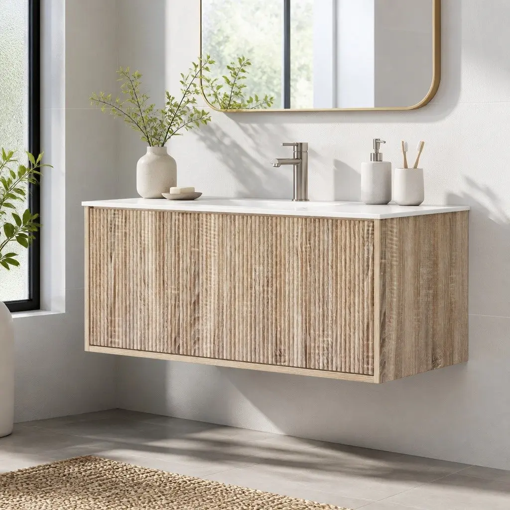 Wall-Hung Bathroom Vanity Unit 900mm Oak Timber Single Drawer Soft-Closing Storage