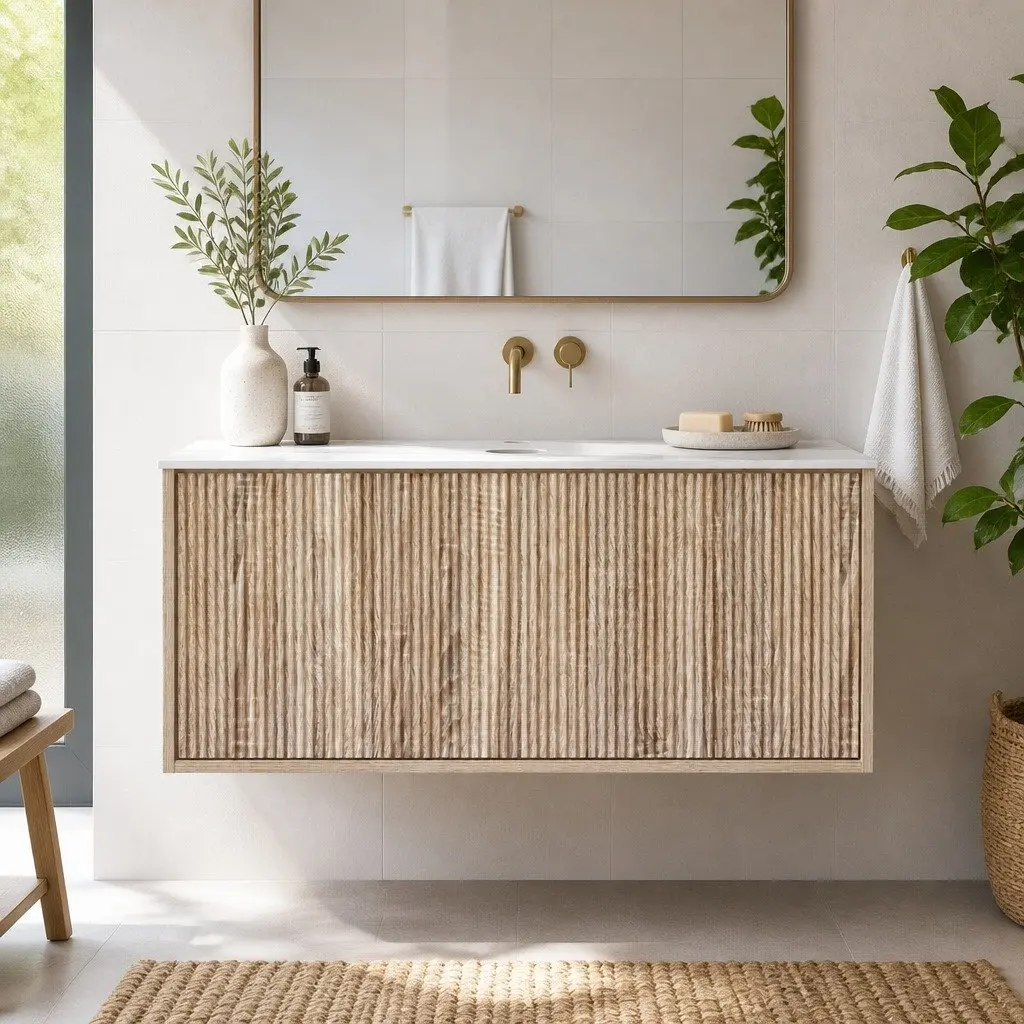 Wall-Hung Bathroom Vanity Unit 900mm Oak Timber Single Drawer Soft-Closing Storage