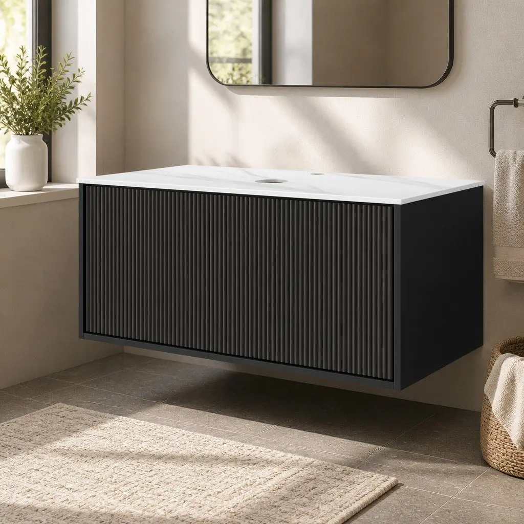 Wall Hung Bathroom Vanity Unit 900mm Black Cabinet Sintered Stone Countertop Soft Closing Drawer