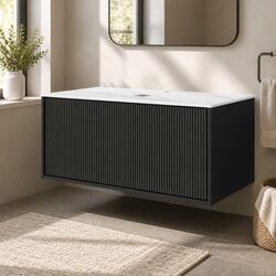 Wall Hung Bathroom Vanity Unit 900mm Black Cabinet Grooved Timber Storage Basin