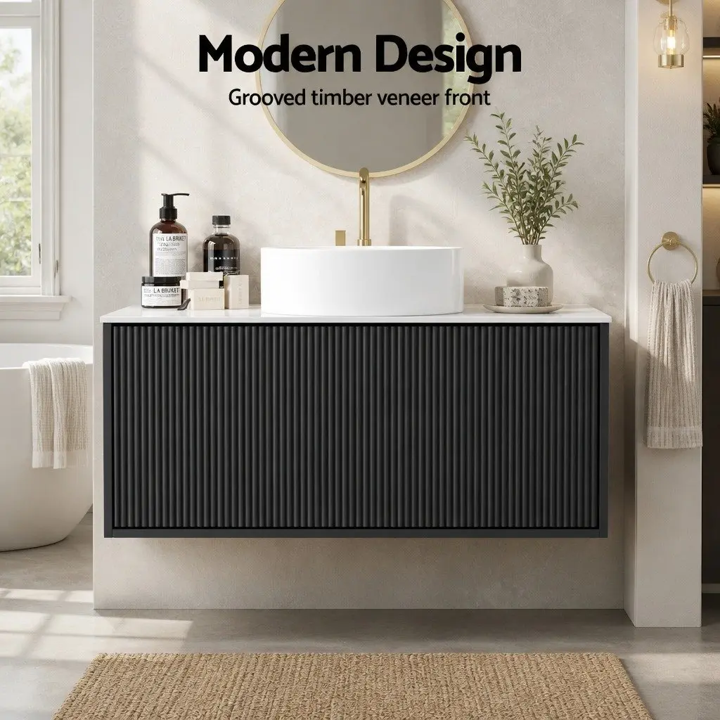Wall Hung Bathroom Vanity Unit 900mm Black Cabinet Sintered Stone Countertop Soft Closing Drawer