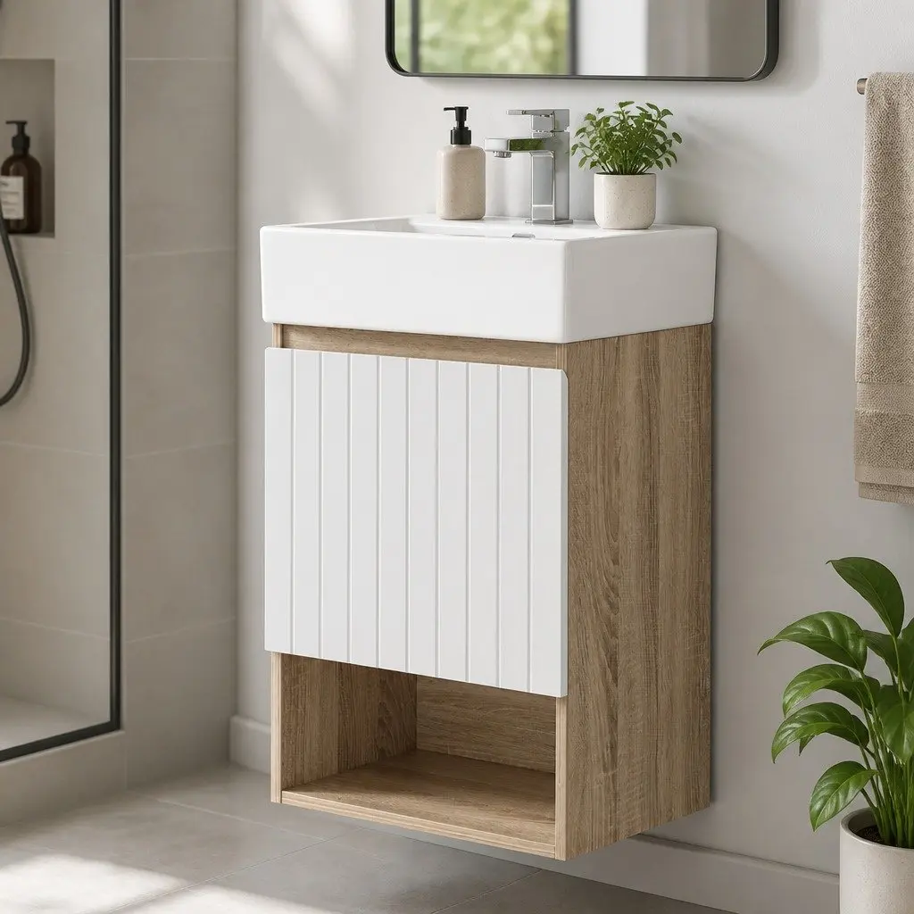 Wall Hung Bathroom Vanity Unit 445mm Basin Soft Closing Door Storage White Walnut