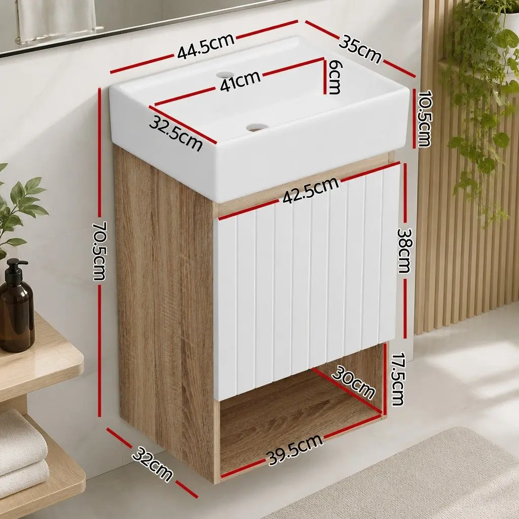 Wall Hung Bathroom Vanity Unit 445mm Basin Soft Closing Door Storage White Walnut