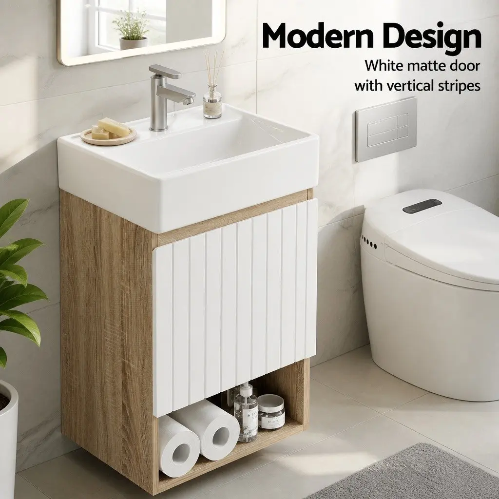 Wall Hung Bathroom Vanity Unit 445mm Basin Soft Closing Door Storage White Walnut