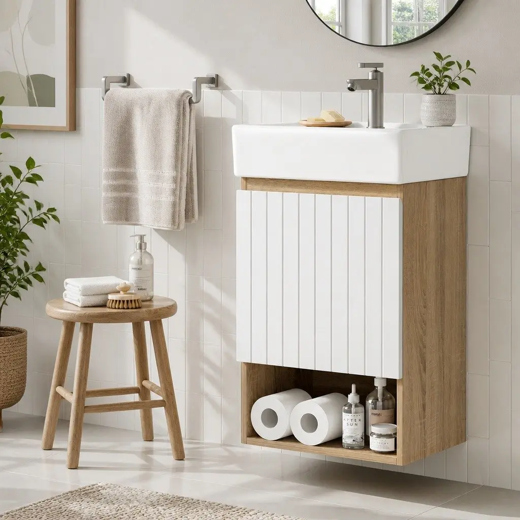 Wall Hung Bathroom Vanity Unit 445mm Basin Soft Closing Door Storage White Walnut