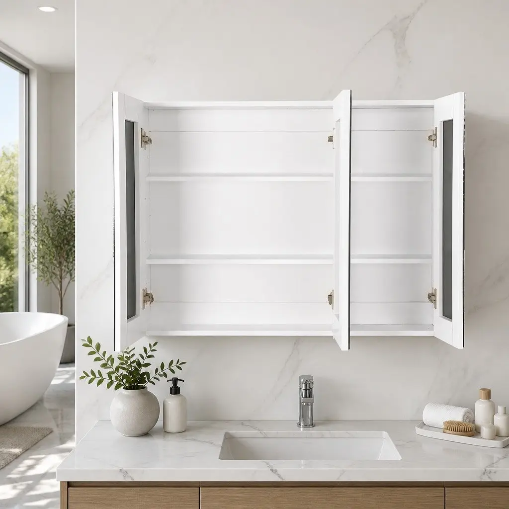 Bathroom Mirror Cabinet 1200x720mm White High Gloss 3 Door Wall Storage Cupboard