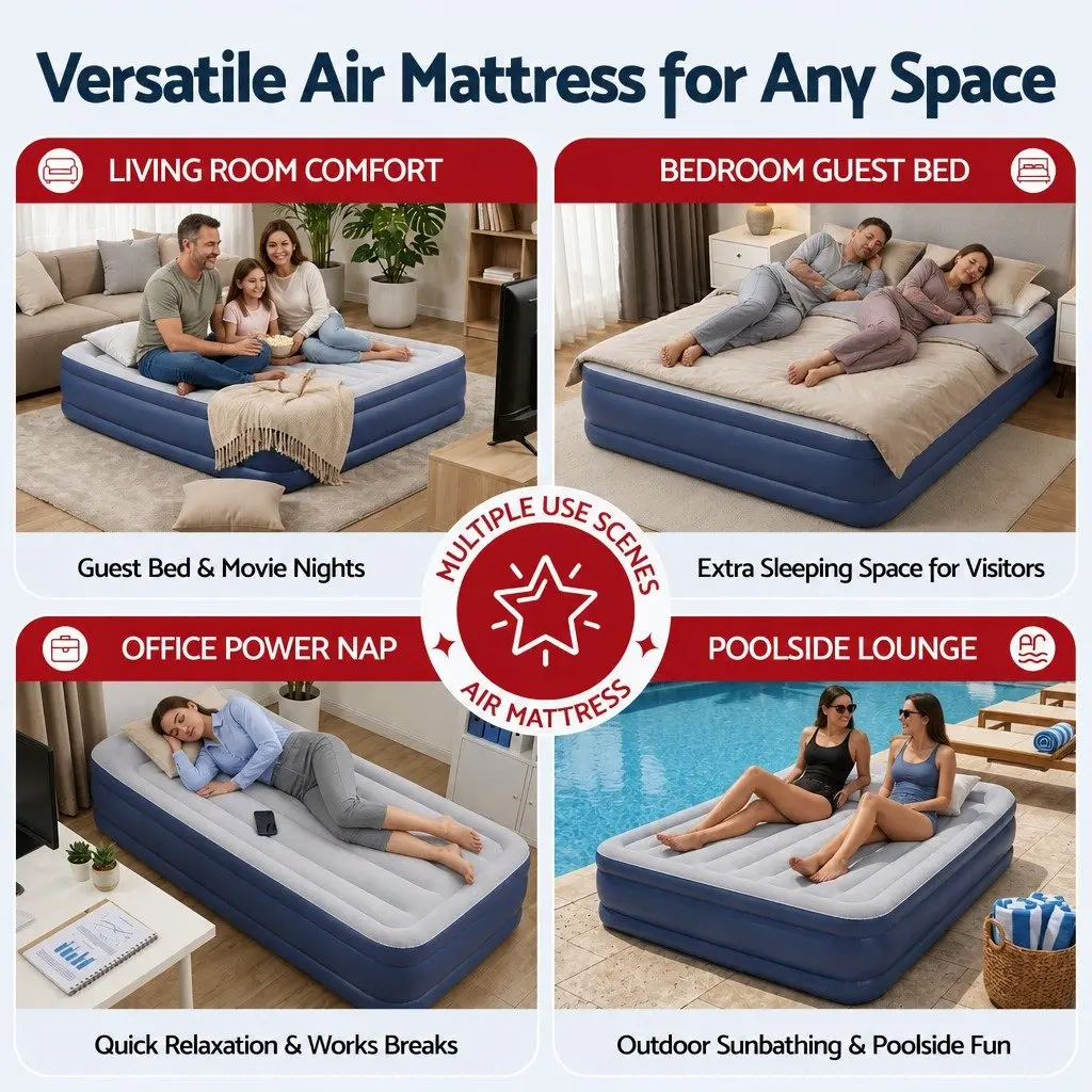 Queen Size Air Mattress Inflatable Bed Airbed Camping Portable Sleep 46cm Navy