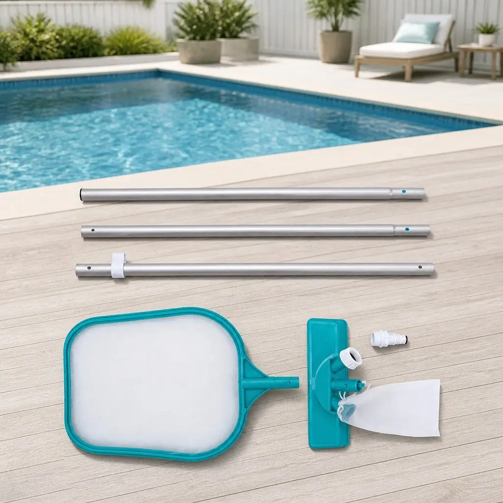 Pool Cleaner Vacuum Skimmer Kit Adjustable Aluminium Pole 1.67m Two Interchangeable Heads for Above Ground Swimming Pools