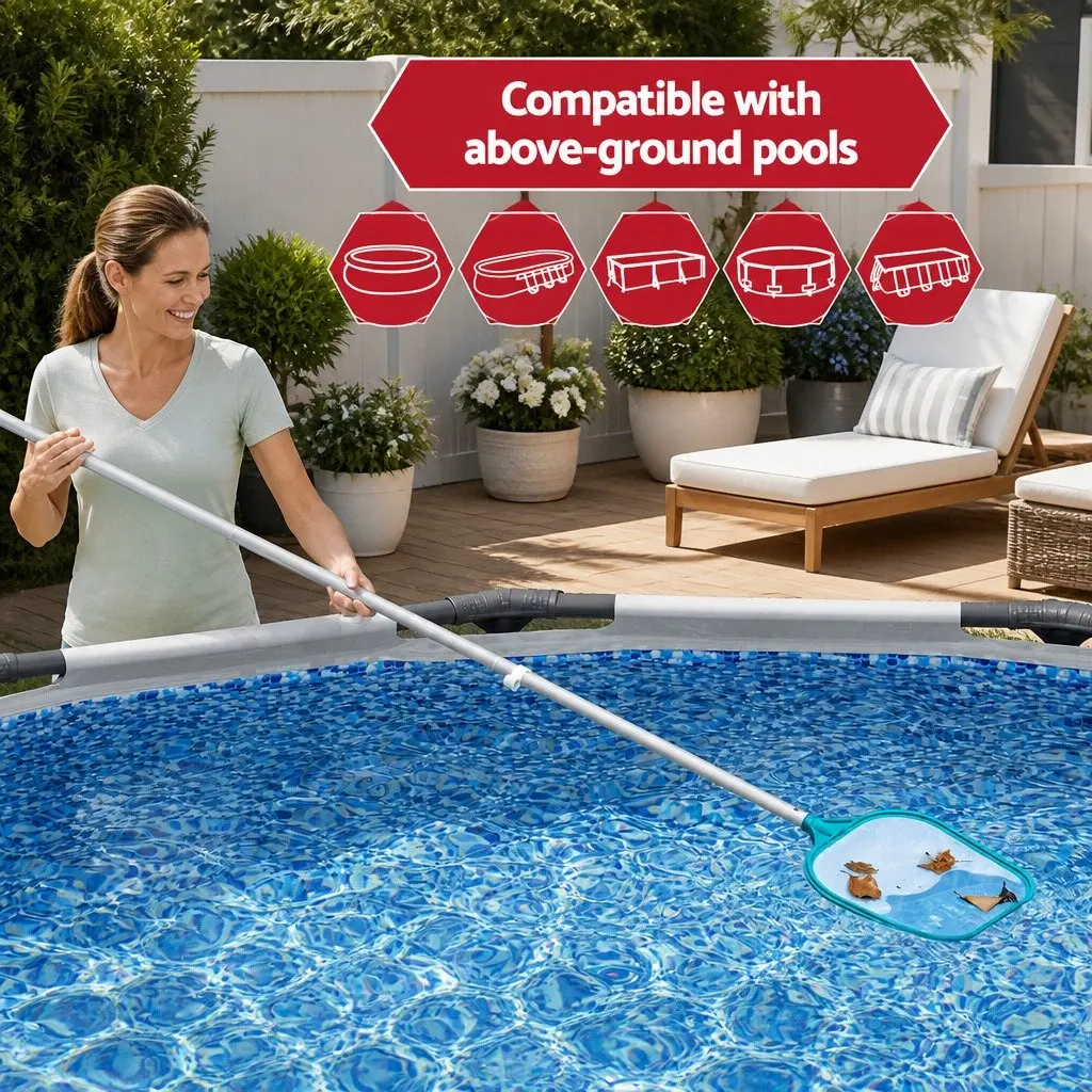 Pool Cleaner Vacuum Skimmer Kit Adjustable Aluminium Pole 1.67m Two Interchangeable Heads for Above Ground Swimming Pools