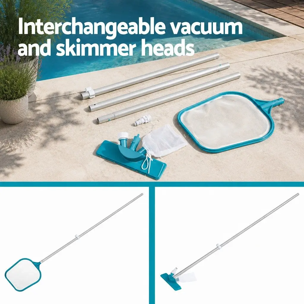 Pool Cleaner Vacuum Skimmer Kit Adjustable Aluminium Pole 1.67m Two Interchangeable Heads for Above Ground Swimming Pools