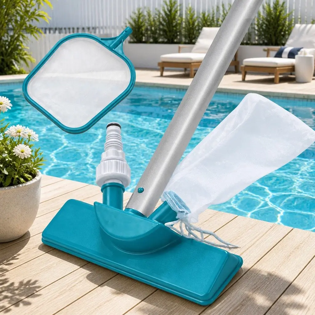 Pool Cleaner Vacuum Skimmer Kit Adjustable Aluminium Pole 1.67m Two Interchangeable Heads for Above Ground Swimming Pools