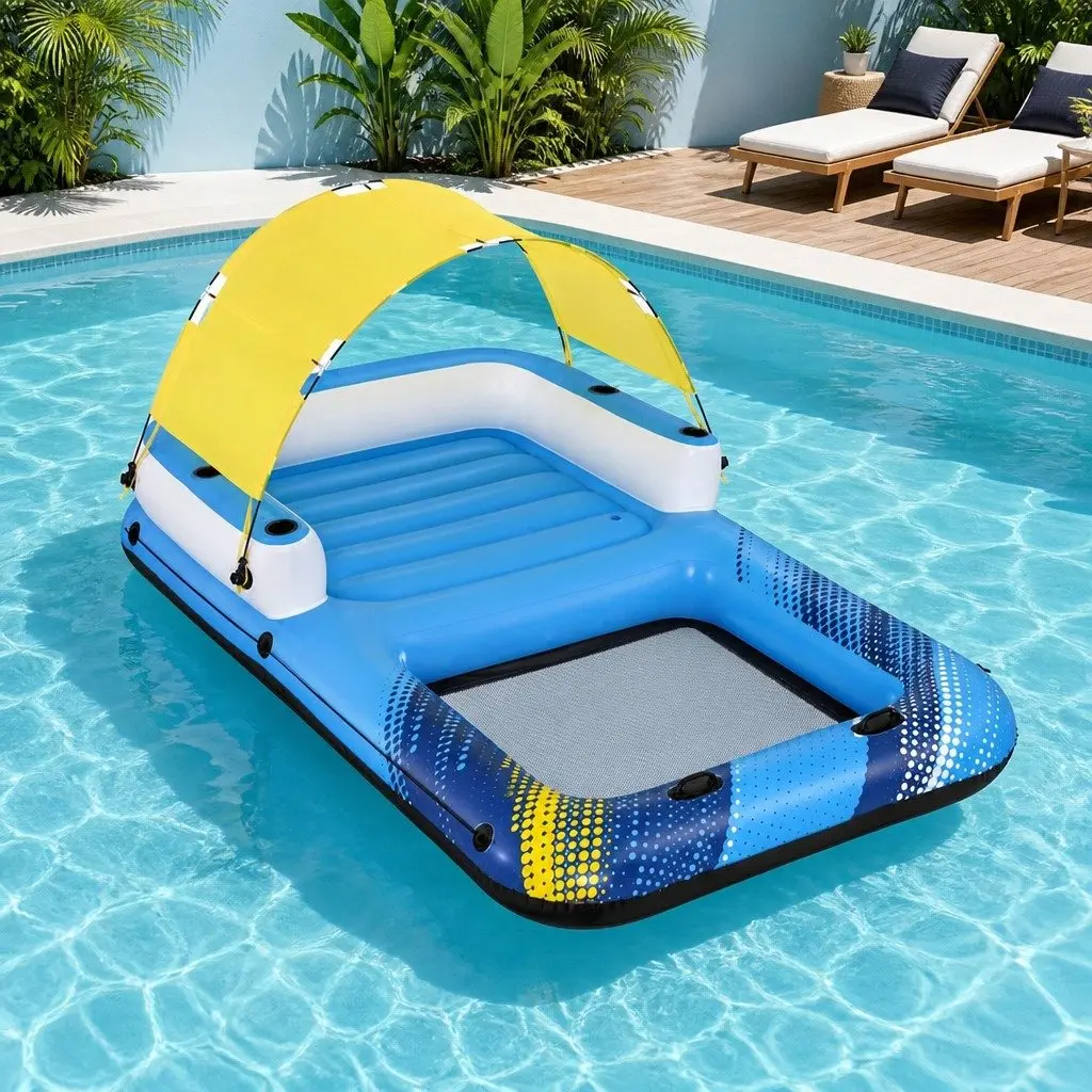 Inflatable Floating Island Pool Lounger 4-Person Removable Sunshade Water Toy