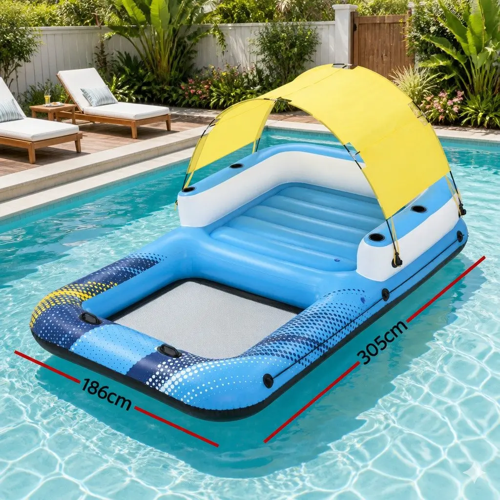 Inflatable Floating Island Pool Lounger 4-Person Removable Sunshade Water Toy