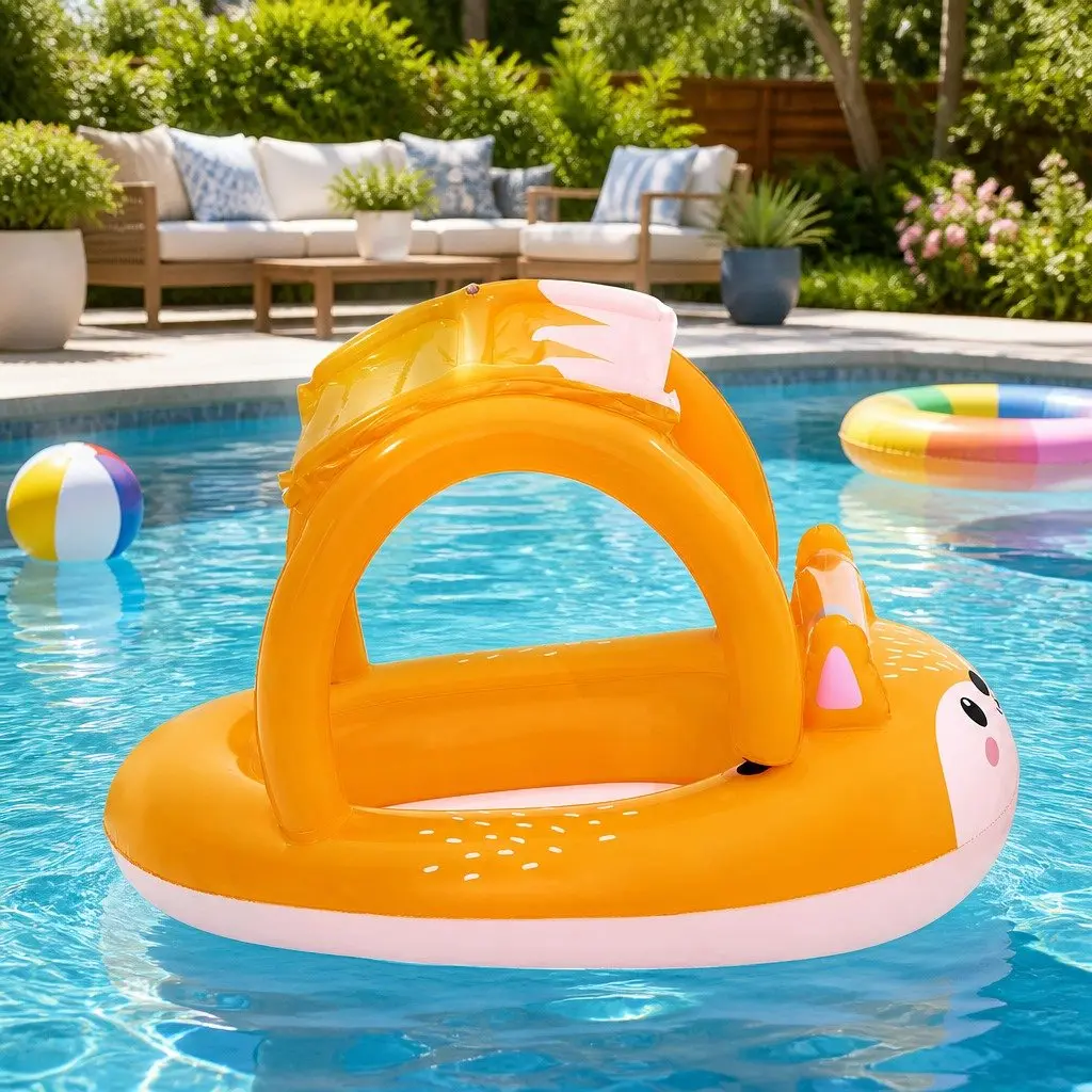 Kids Inflatable Fox Swim Float with Canopy Sunshade and Colorful Moving Balls 94cm x 60cm x 66cm