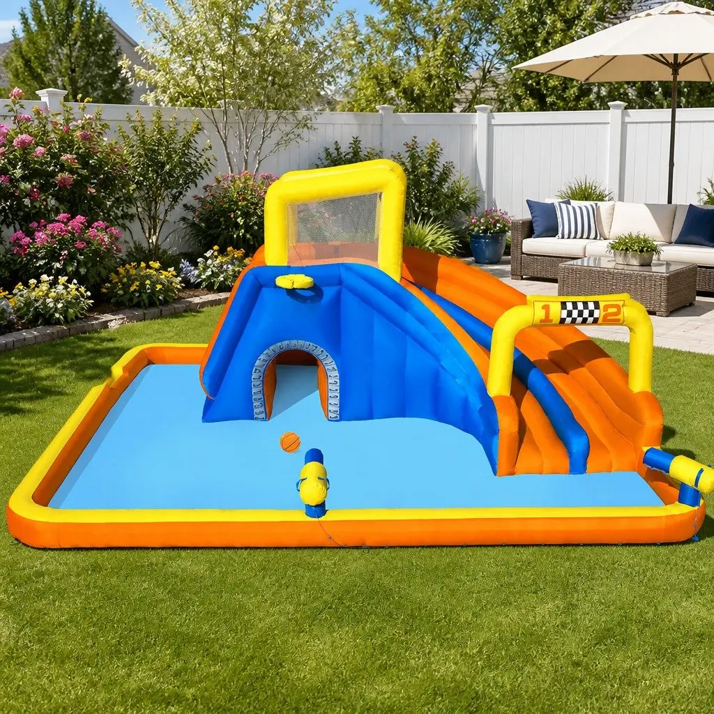 Inflatable Water Slide Park 551x502x265cm Kids Swimming Pool Play with Climbing Walls Splash Pool and Water Games