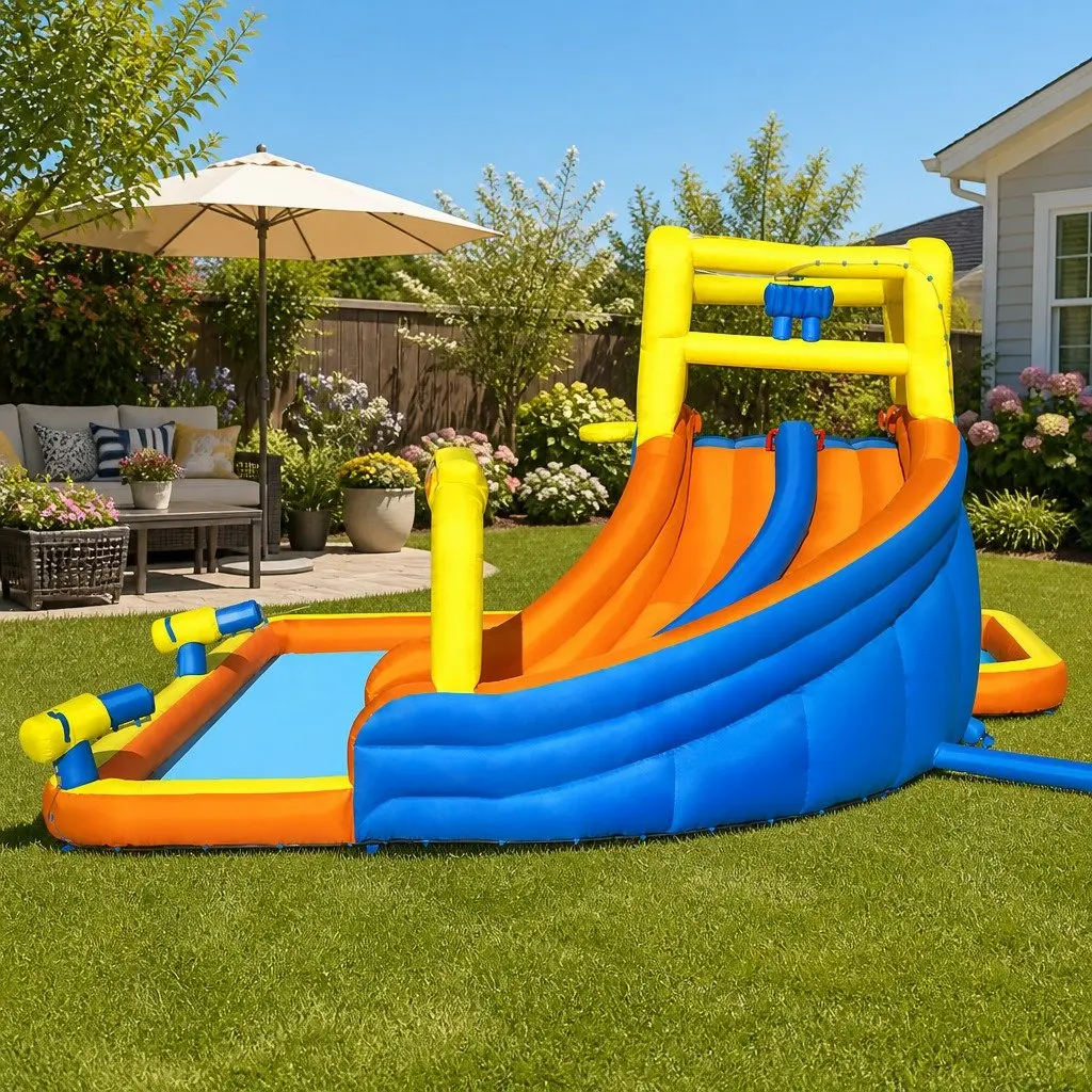 Inflatable Water Slide Park 551x502x265cm Kids Swimming Pool Play with Climbing Walls Splash Pool and Water Games