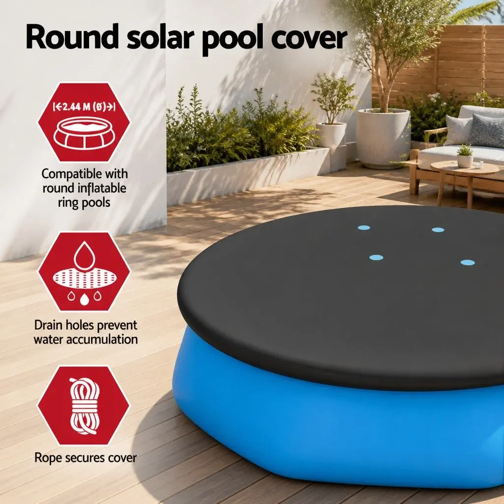 Pool Cover 2.44m Round PVC Blanket Durable UV-resistant with Drainage Holes and Rope Ties