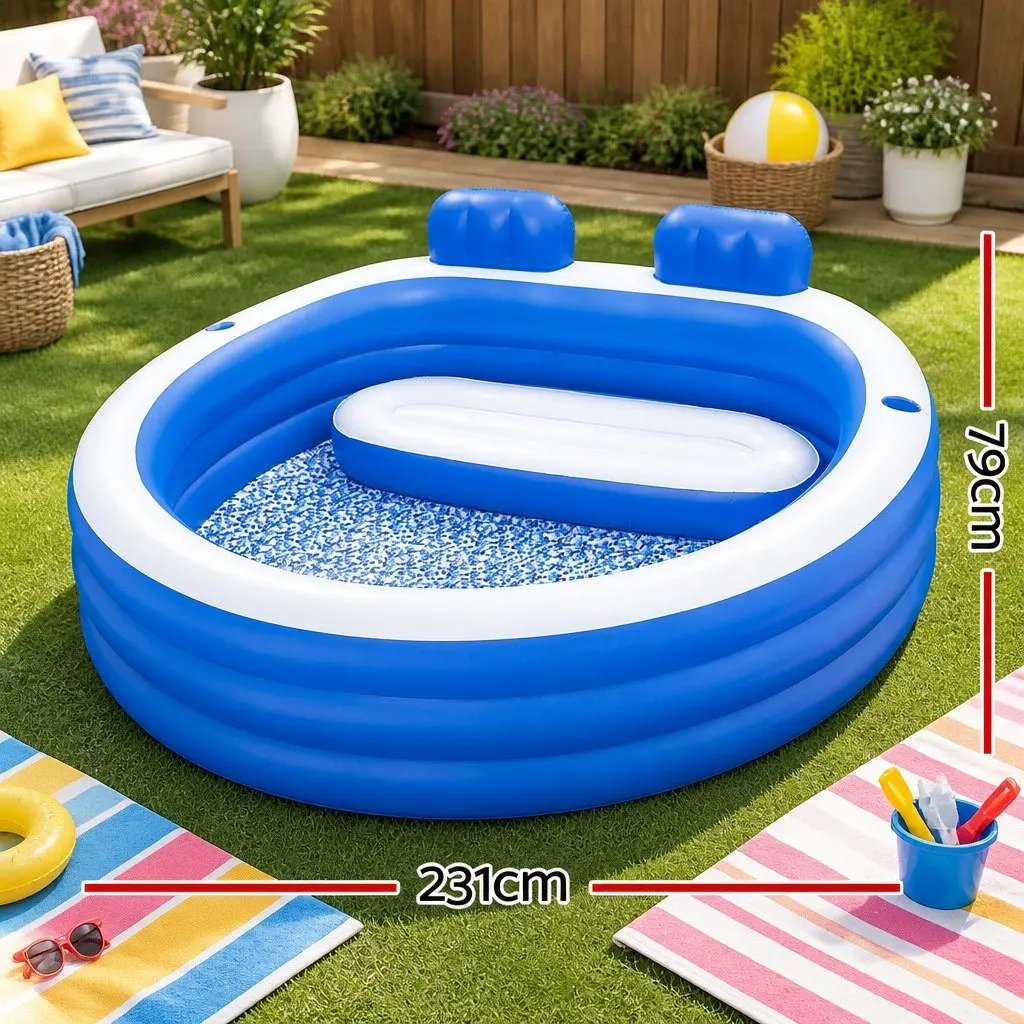 Kids Inflatable Above Ground Pool 2.31m x 2.19m Mosaic Floor Print Bench Seat with Cup Holders