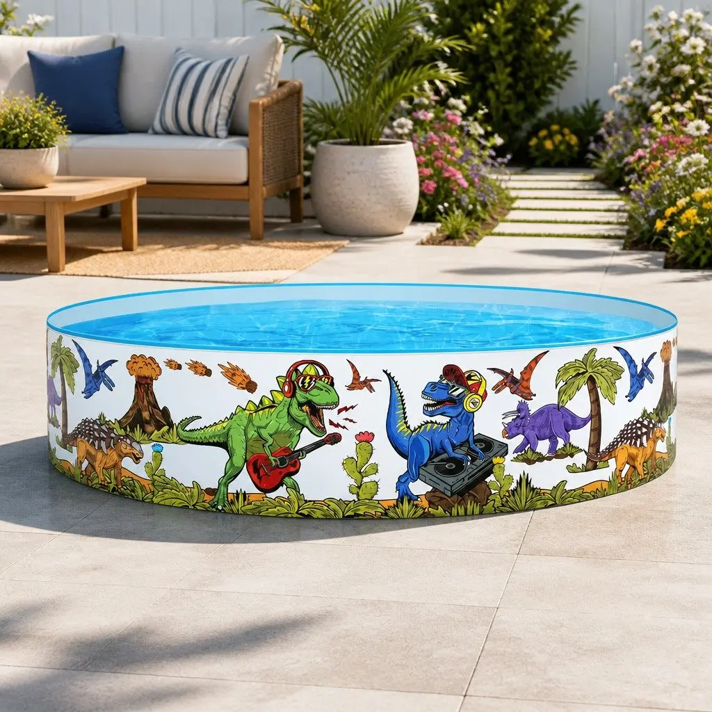 Kids Round Above Ground Swimming Pool 183cm Rigid PVC Dinosaur Design Backyard