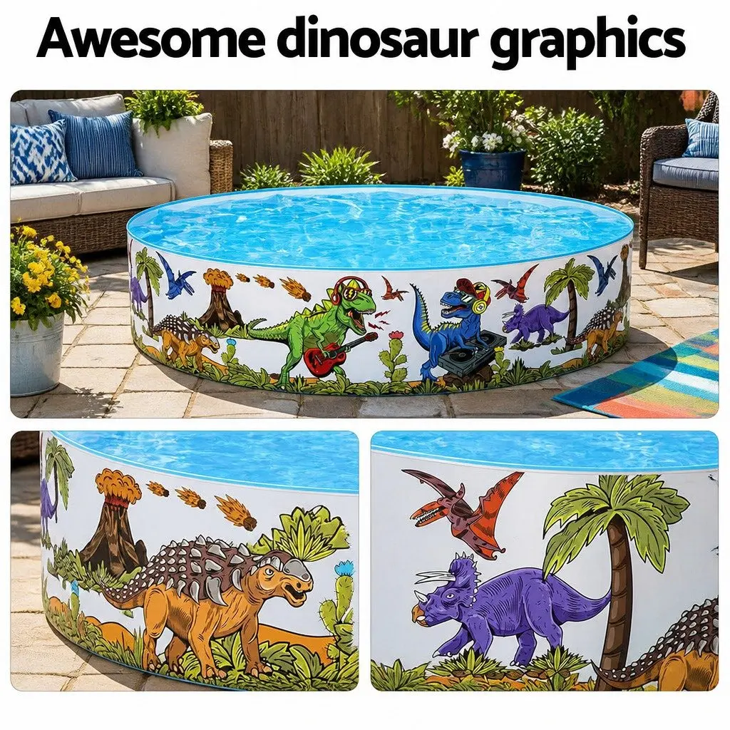 Kids Round Above Ground Swimming Pool 183cm Rigid PVC Dinosaur Design Backyard