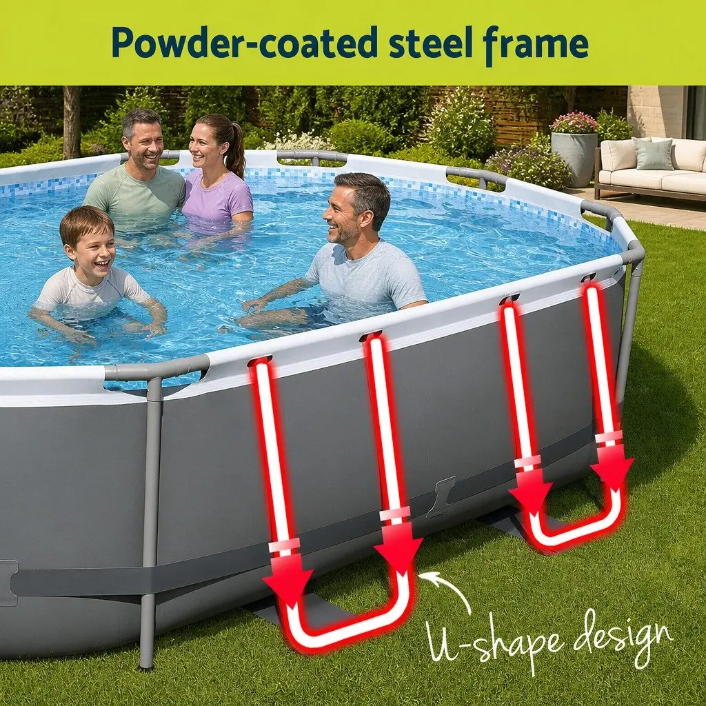 Steel Frame Swimming Pool 488x305x107cm Grey with Filter Pump Ladder Cover Set