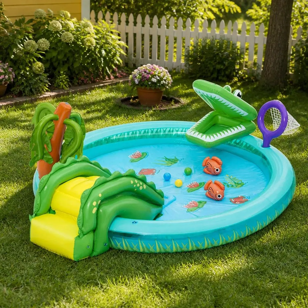 Kids Inflatable Splash Play Pool with Slide Crocodile Fishing Net Ball Toss Game