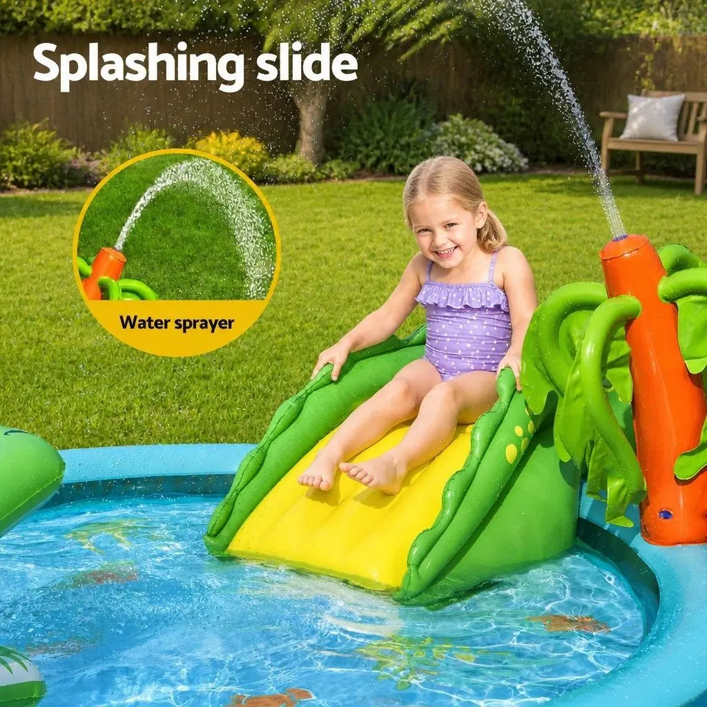 Kids Inflatable Splash Play Pool with Slide Crocodile Fishing Net Ball Toss Game