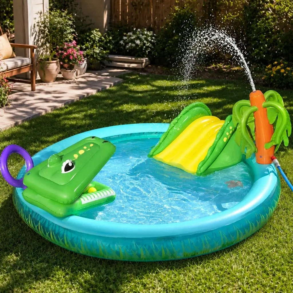 Kids Inflatable Splash Play Pool with Slide Crocodile Fishing Net Ball Toss Game