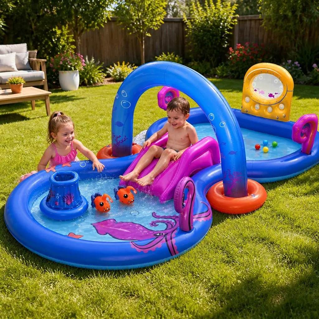 Kids Inflatable Play Pool 330cm Deep Sea Theme with Slide Ball Tossing Toys