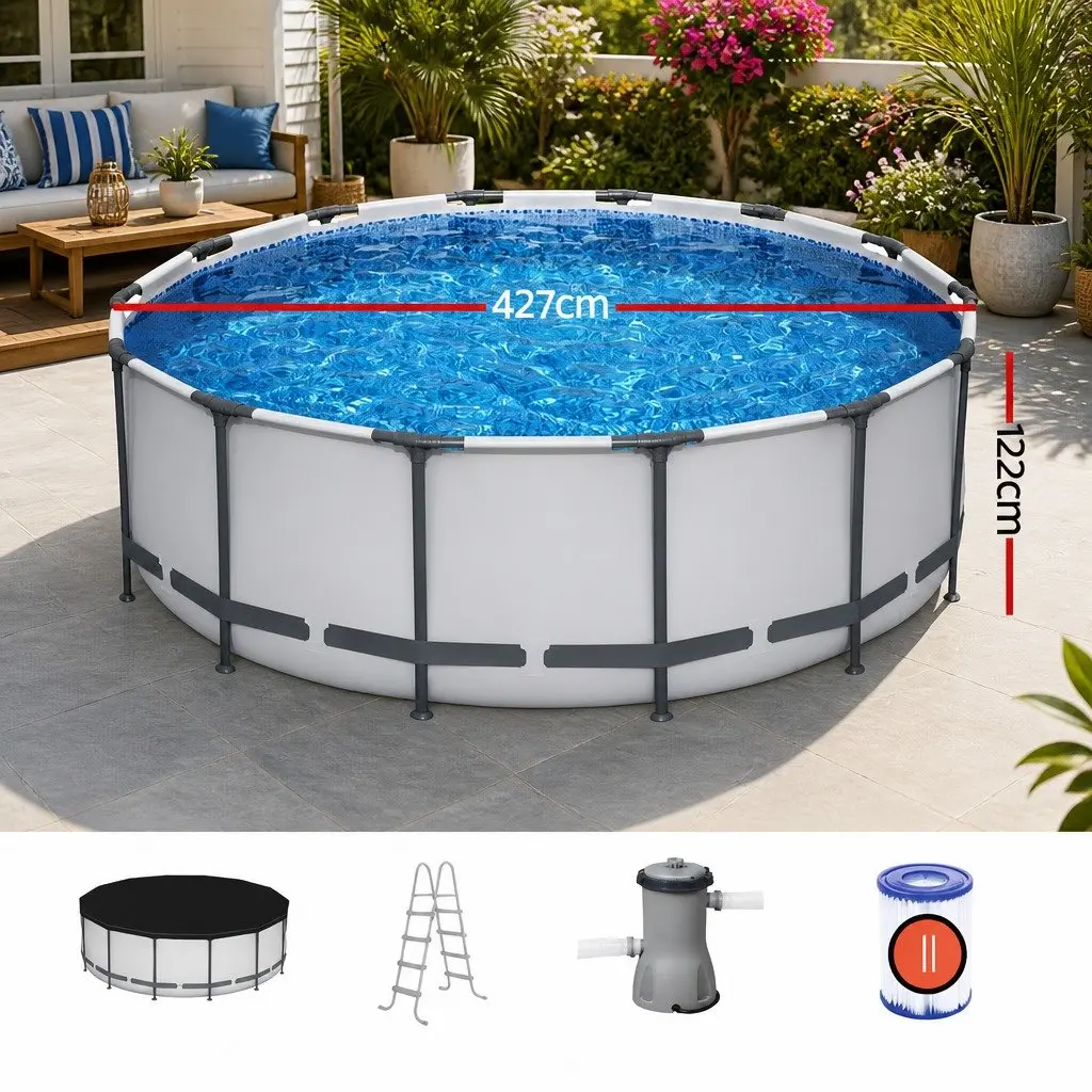 Round Above Ground Swimming Pool 427cm x 427cm Steel Frame UV Resistant with Filter Pump Ladder
