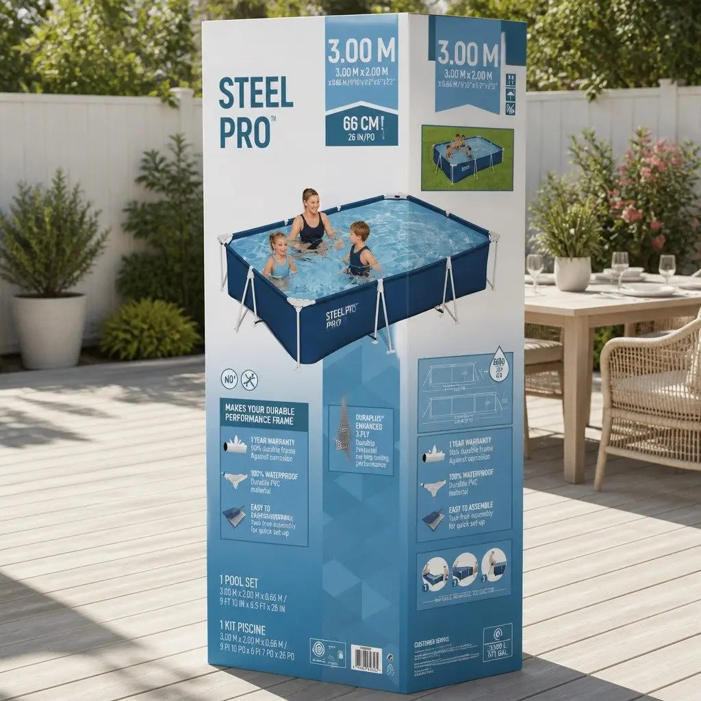 Above Ground Swimming Pool 300x201x66cm Steel Frame UV Resistant Heavy-Duty PVC Polyester Sidewalls
