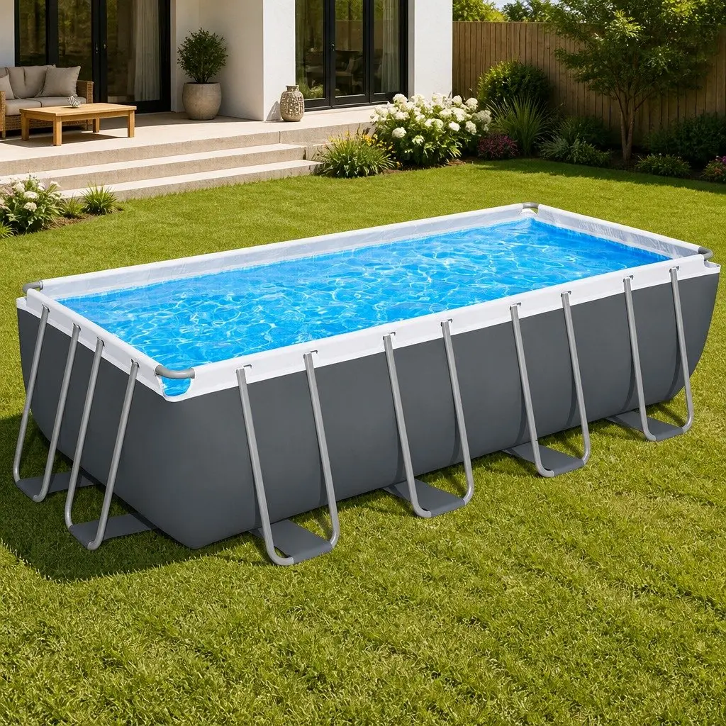 Above Ground Swimming Pool 488x244cm Steel Frame with Filter Pump Ladder Cover Grey