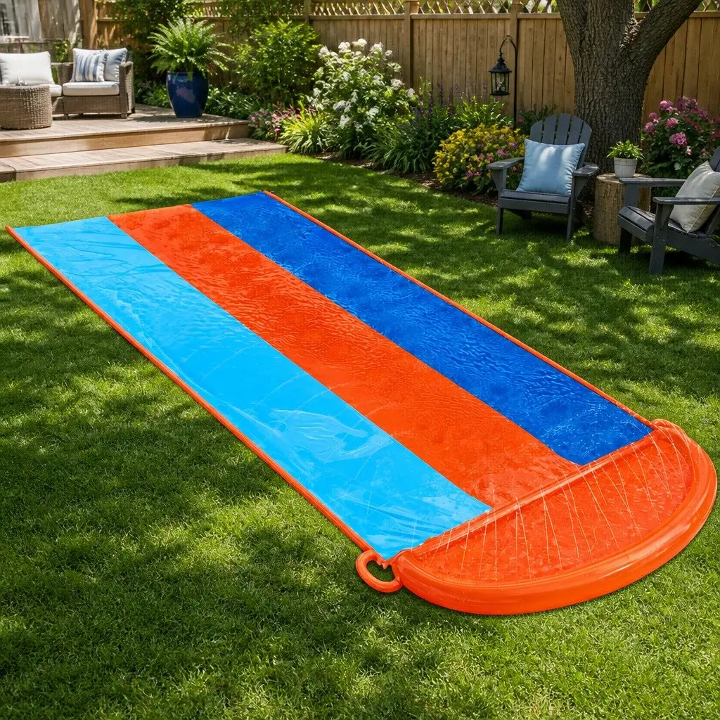 Inflatable Water Slide 4.88m Triple Lane with Water Jets Speed Ramp and Wet Drench Pool for Kids Summer Fun