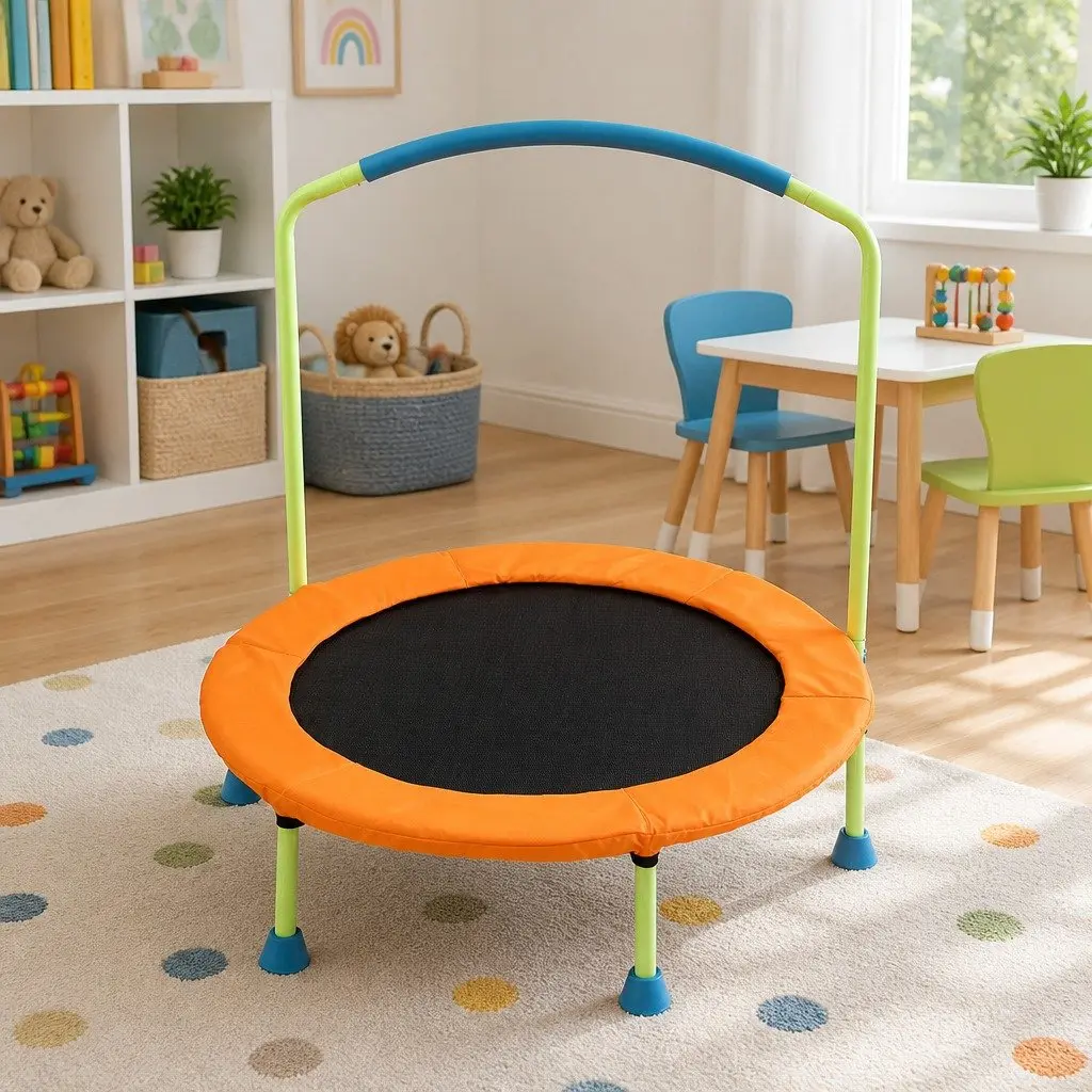 Kids Trampoline 36 Inch Foldable Rebounder with Safety Handlebar and Padding for Indoor Outdoor Use