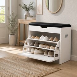 Shoe Rack Cabinet Bench with Seating 3-Tier Adjustable Shelves Storage White