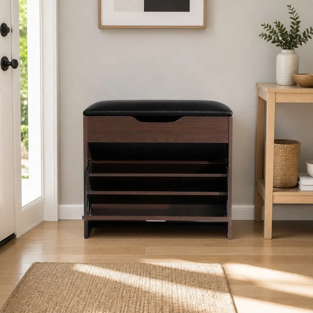Shoe Rack Cabinet Bench 3-Tier Storage Adjustable Shelves Hidden Compartment
