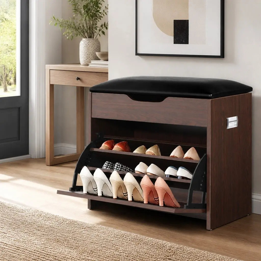 Shoe Rack Cabinet Bench 3-Tier Storage Adjustable Shelves Hidden Compartment