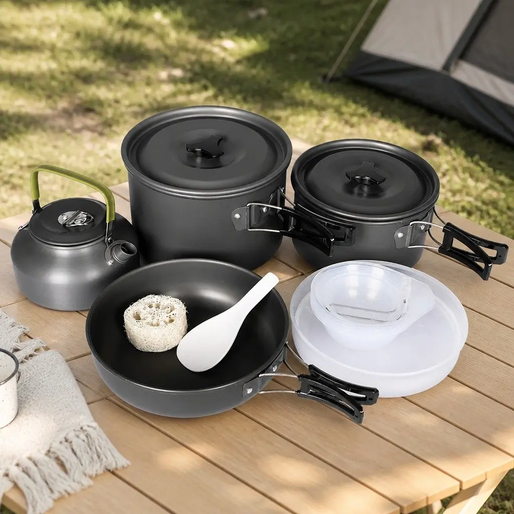 16 Piece Camping Cookware Set Portable Non-Stick Aluminium Pots Pans Kettle Travel Kit