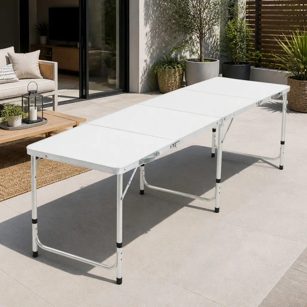 Folding Camping Table 240CM Lightweight Portable Aluminium Adjustable Height Silver
