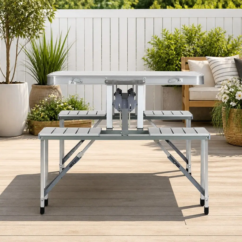 Folding Camping Table Set Portable Aluminium with 2 Bench Chairs for Outdoor Picnic BBQ