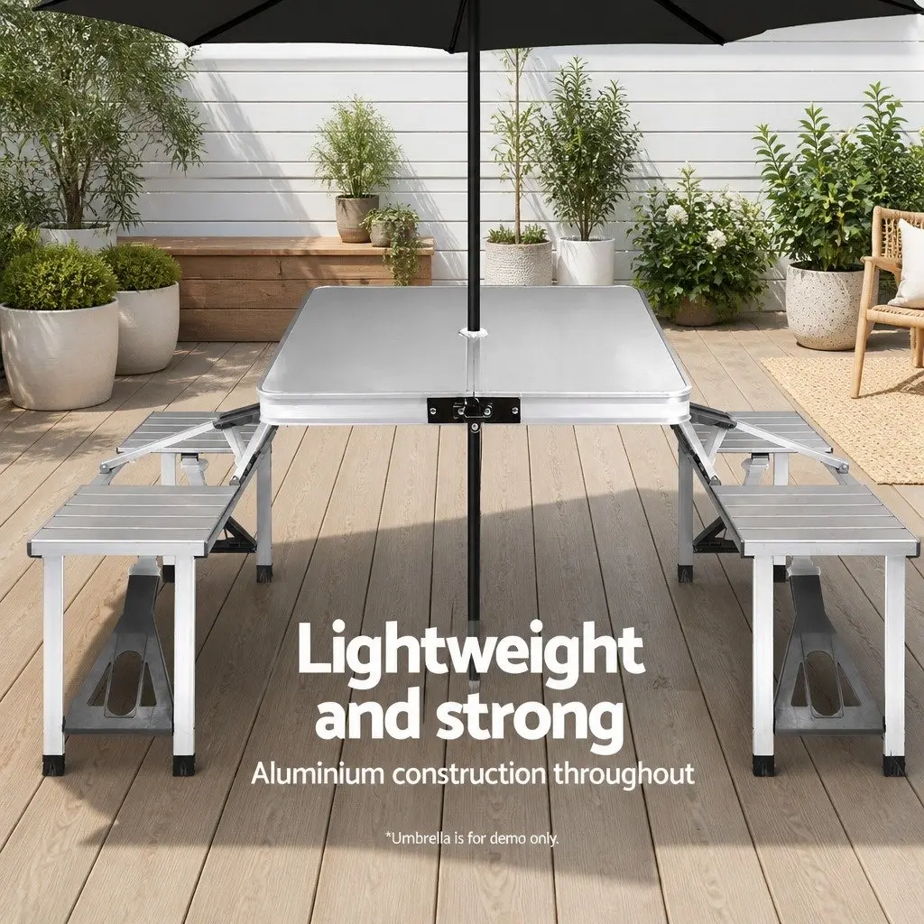 Folding Camping Table Set Portable Aluminium with 2 Bench Chairs for Outdoor Picnic BBQ