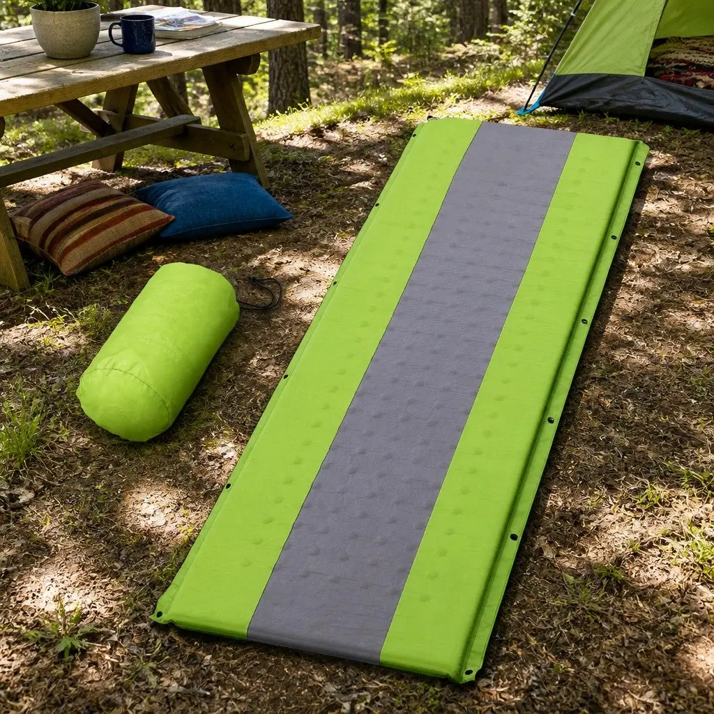 Self Inflating Camping Sleeping Mat Single Green Water Resistant Soft Surface