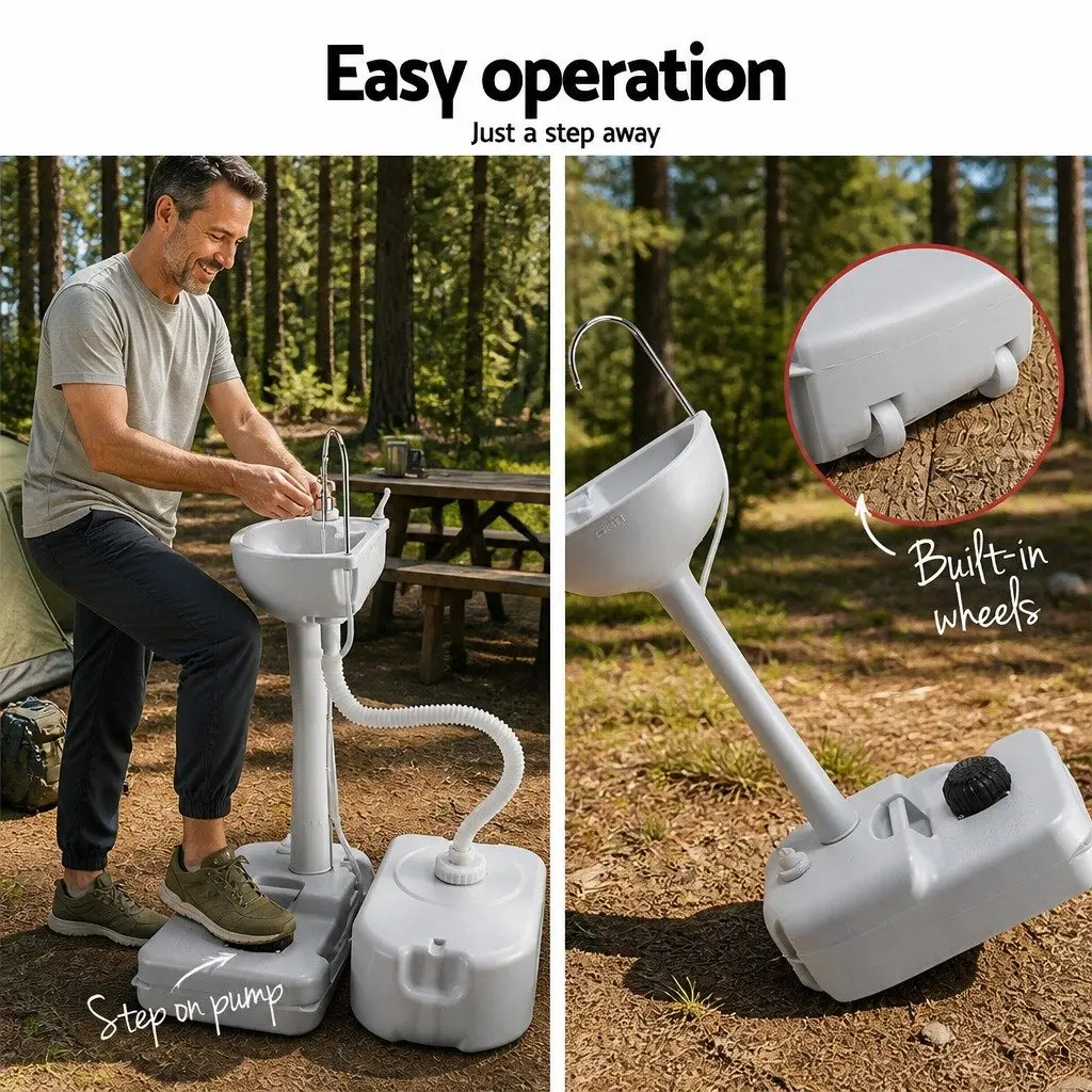 Portable Hand Wash Sink Stand 43L Basin Foot Pump Operation with Wheels for Camping Outdoor Use