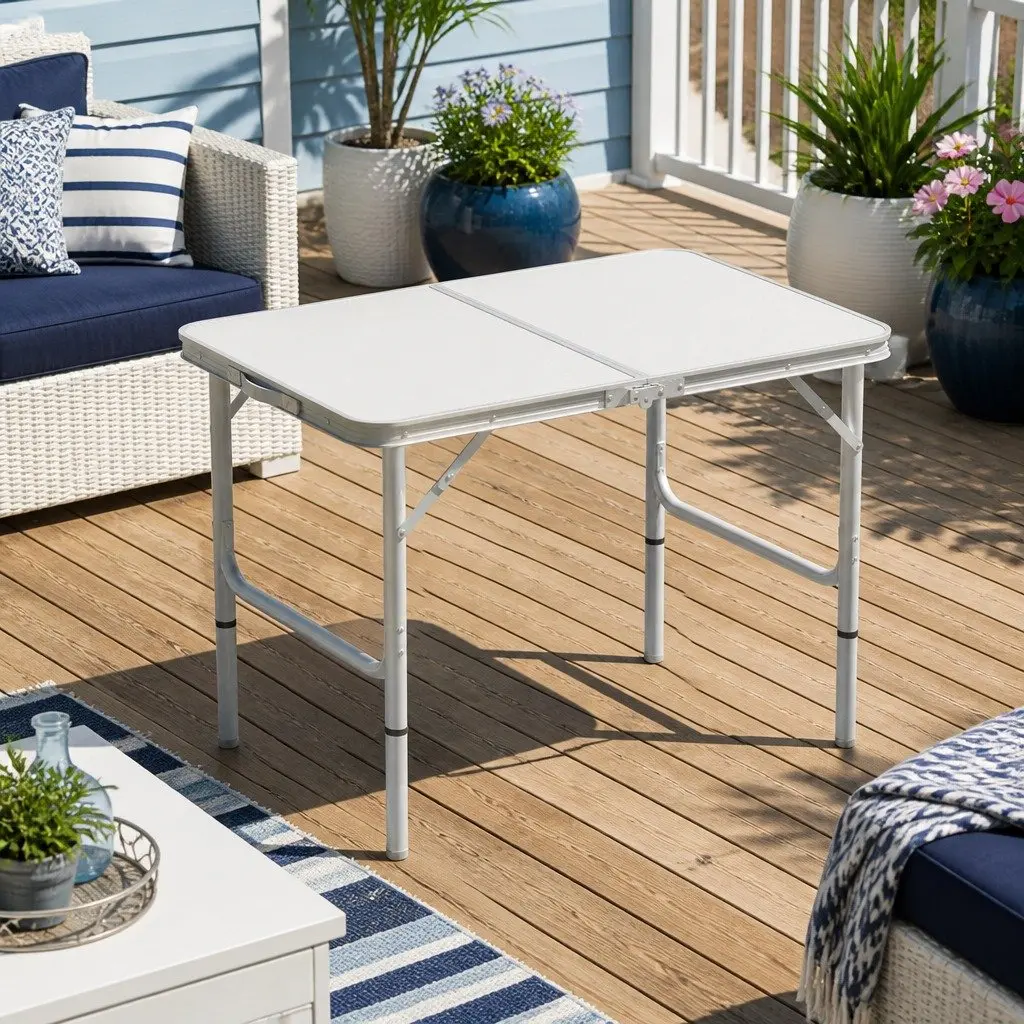 Folding Camping Table 90cm Adjustable Height Portable Picnic Outdoor Desk