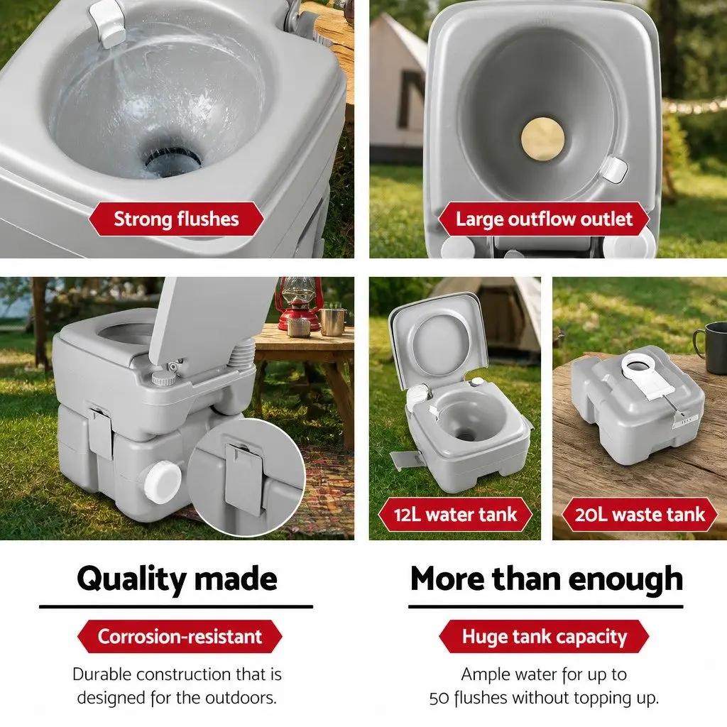 20L Portable Camping Toilet Grey Outdoor Flush Potty Travel Boating