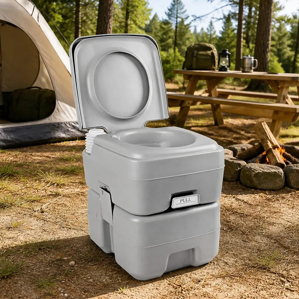20L Portable Camping Toilet Grey Outdoor Flush Potty with 12L Freshwater Tank