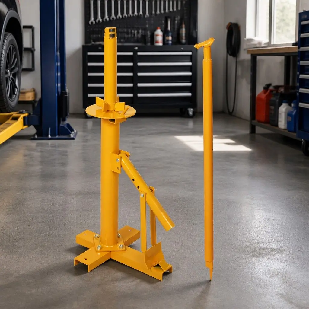 Manual Tyre Changer Tool Steel Heavy Duty for 8-18 Inch Tyres with Secure Locking Collar and Cross-Shaped Base Yellow