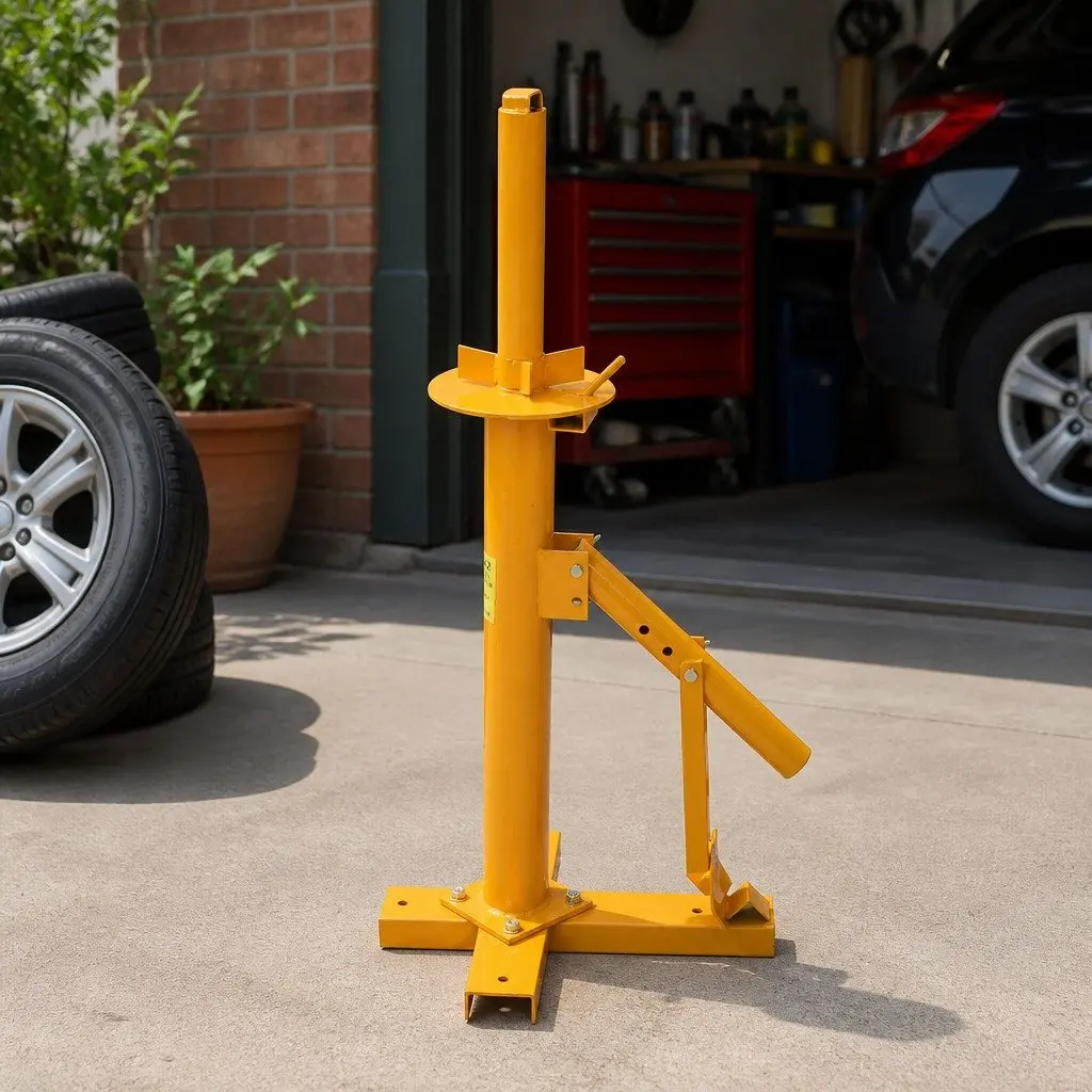 Manual Tyre Changer Tool Steel Heavy Duty for 8-18 Inch Tyres with Secure Locking Collar and Cross-Shaped Base Yellow