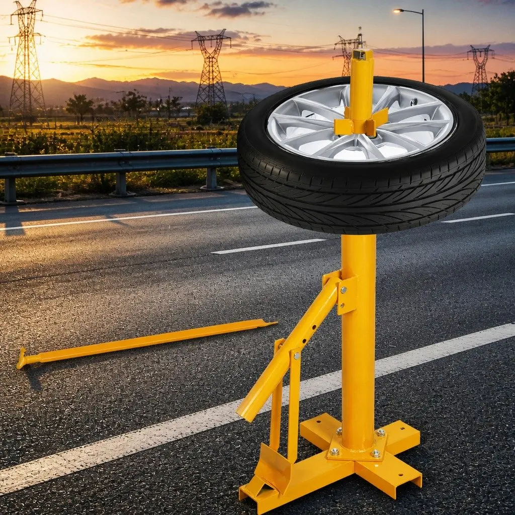 Manual Tyre Changer Tool Steel Heavy Duty for 8-18 Inch Tyres with Secure Locking Collar and Cross-Shaped Base Yellow