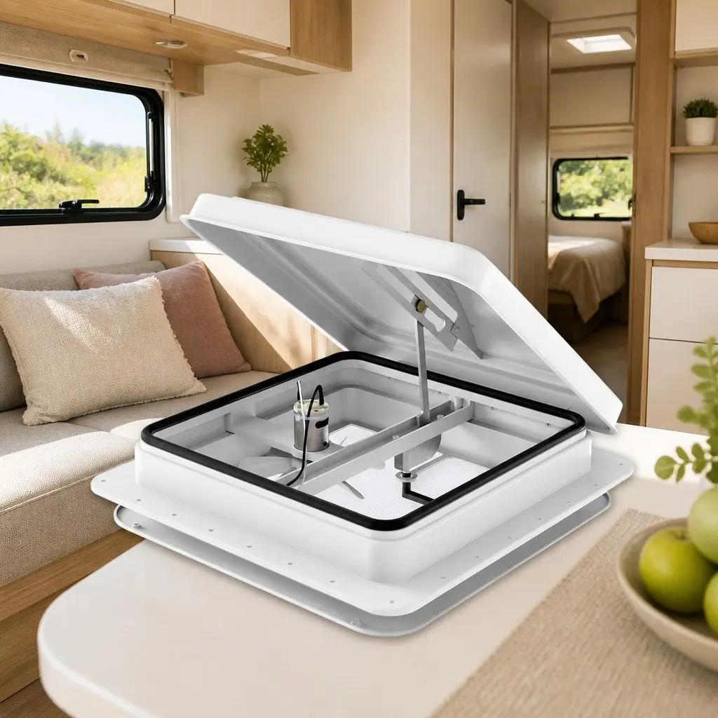 Caravan Roof Vent Fan 12V White 45-Degree Wide-Angle Opening for Maximum Airflow
